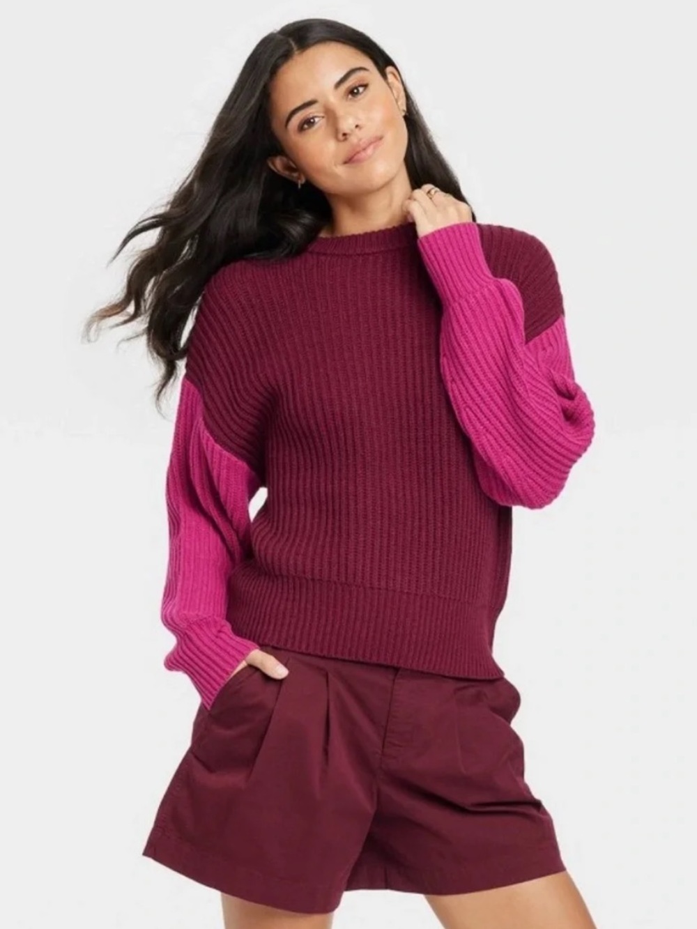 a new day Rib-Knit Colorblock Sweater in Berry and Magenta